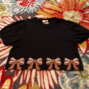 Peach Love California Black Crop Top with football Bow Accents